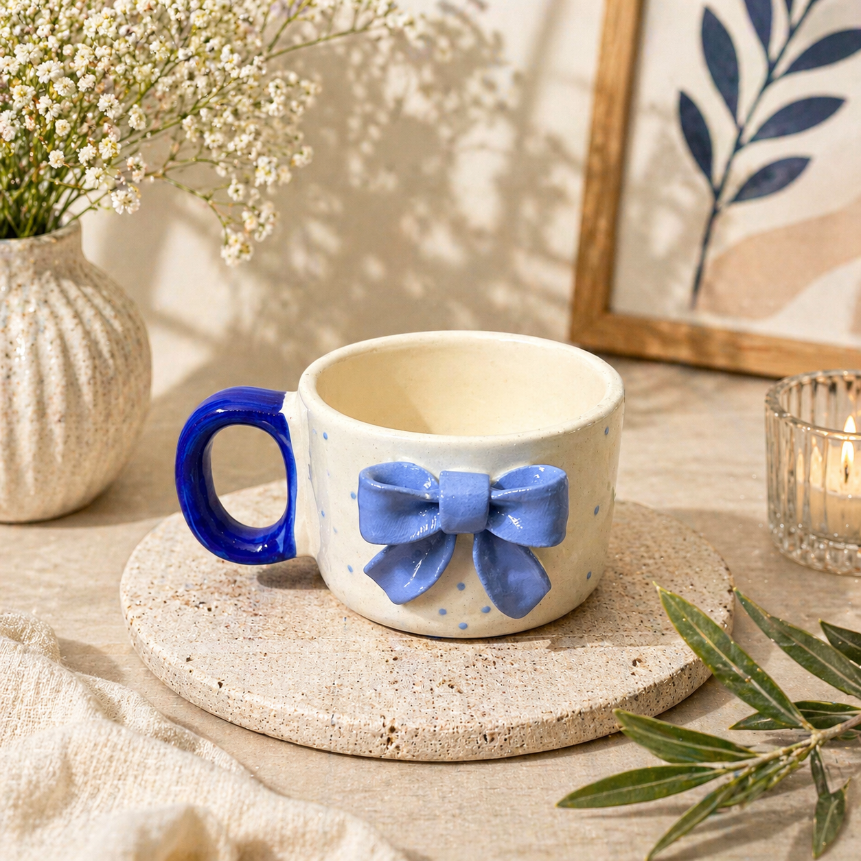 Blue Bow Ceramic Coffee Mug - Cute Aesthetic Mug