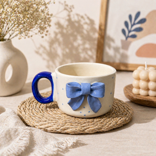 Blue Bow Ceramic Coffee Mug - Cute Aesthetic Mug