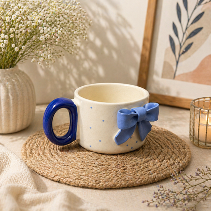 Blue Bow Ceramic Coffee Mug - Cute Aesthetic Mug