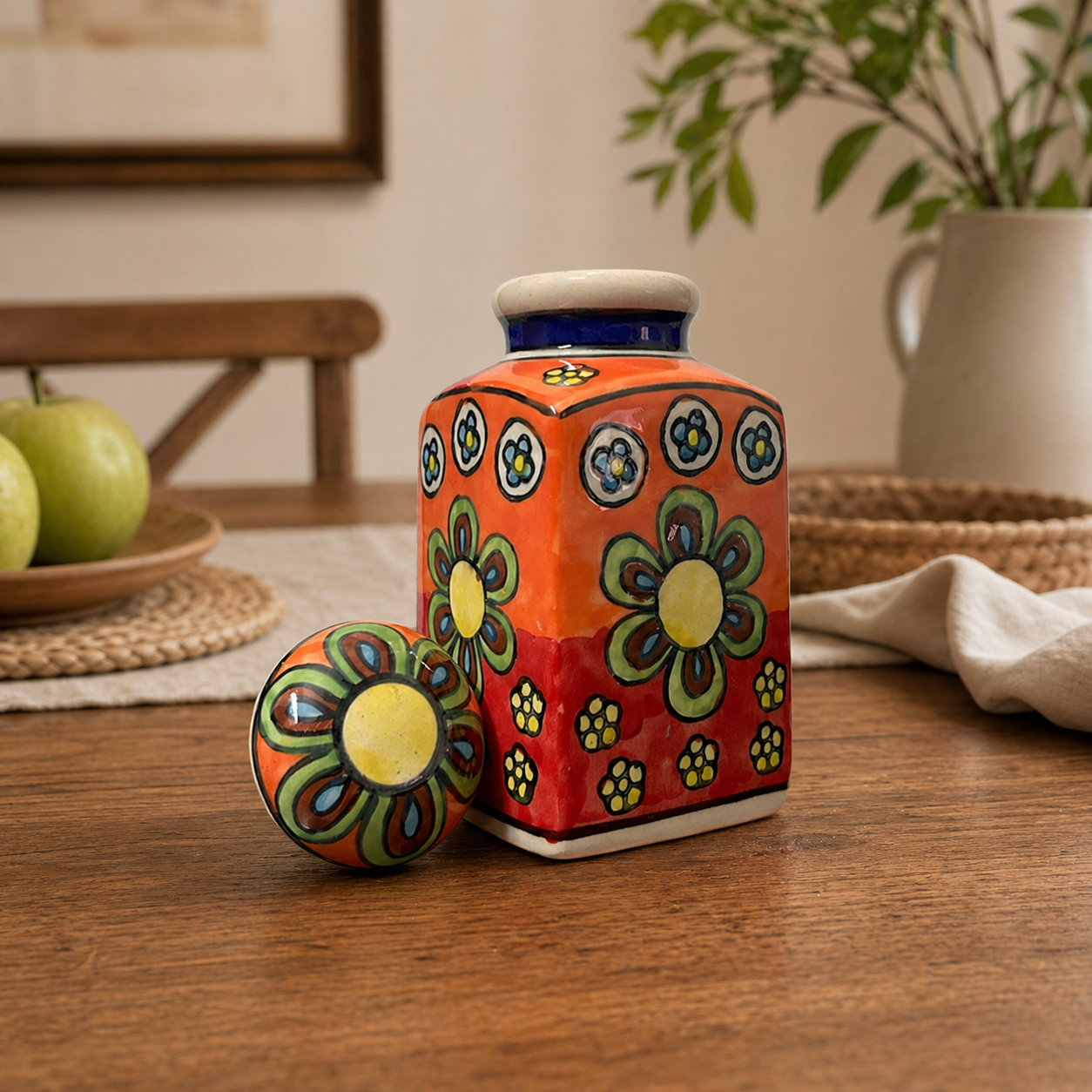 Hand-Painted Ceramic Storage Jar - Floral Design
