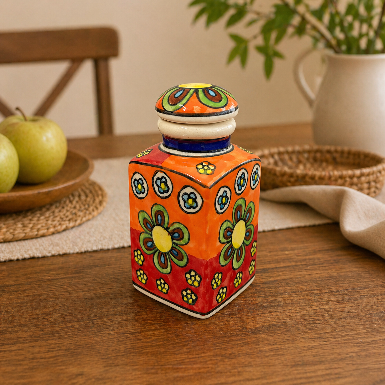 Hand-Painted Ceramic Storage Jar - Floral Design