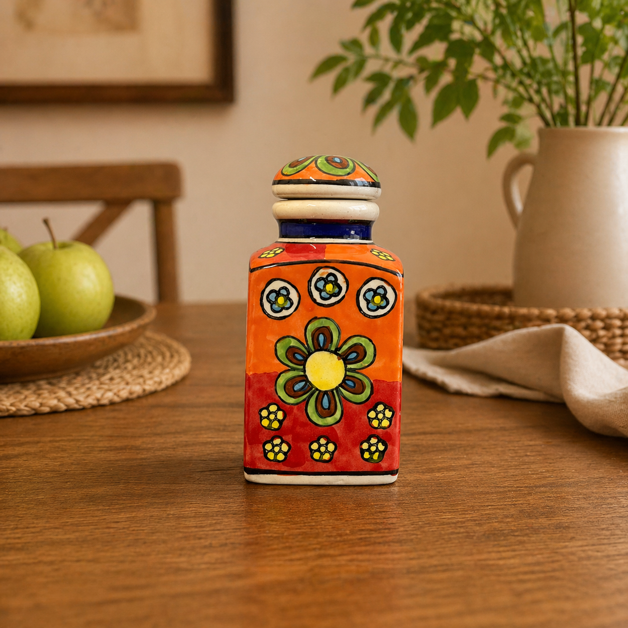 Hand-Painted Ceramic Storage Jar - Floral Design